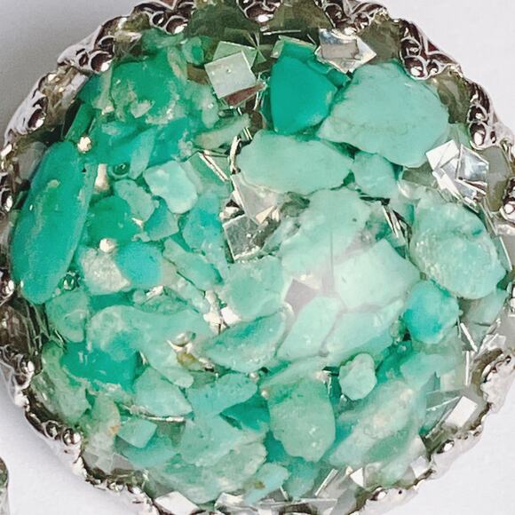 VTG 60s Turquoise Earrings Stone Chip Resin Dome Silver Tone Clip On Mid Century - Picture 3 of 12